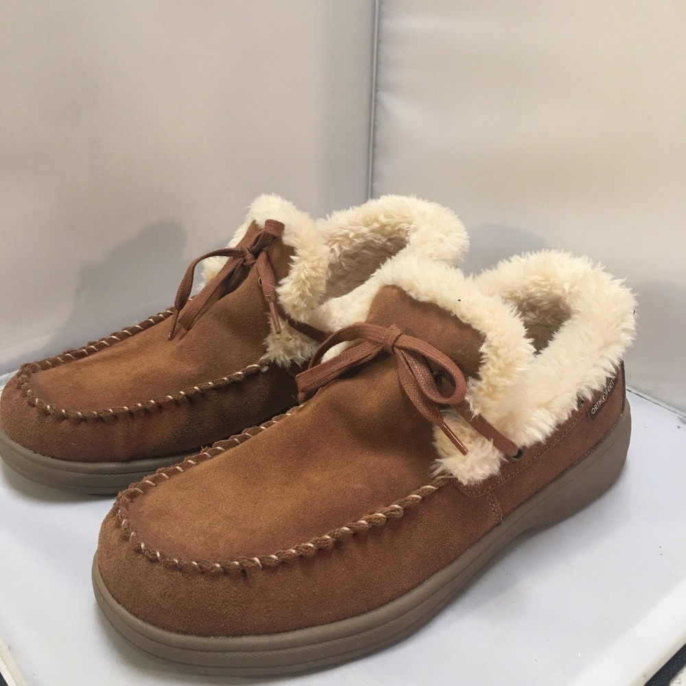 Orthofeet Moccasin Slippers Men 10 Brown Suede Faux Fur Lined Orthopedic Comfort